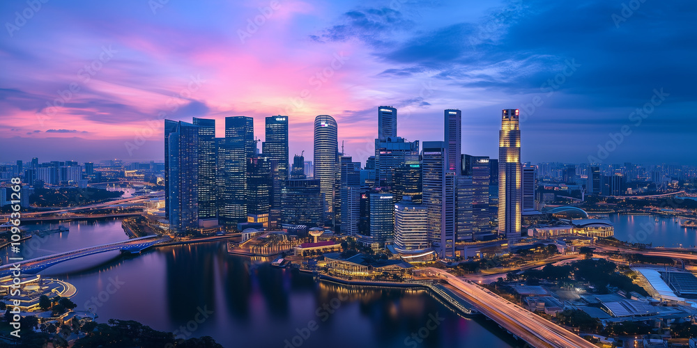 Obraz premium Modern City Skyline with Office Buildings and Drone View at Sunset