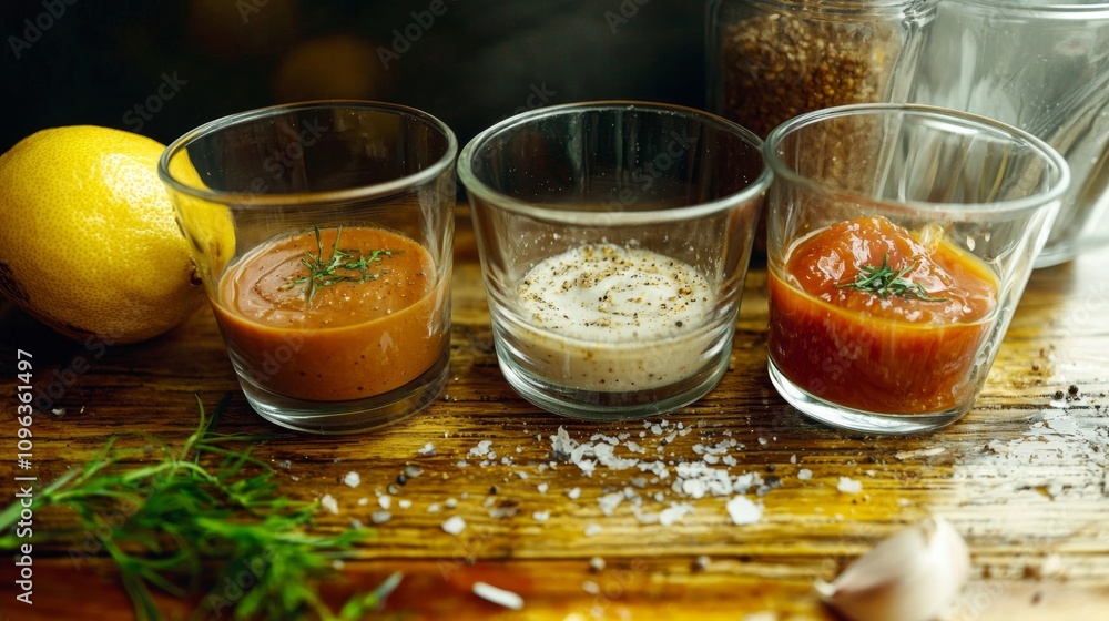 Varied Sauces in Glass Containers with Fresh Ingredients Varied Sauces in Glass Containers with Fresh Ingredients