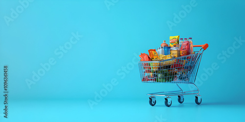  Grocery Cart Filled with Fresh Food Items on Blue Background photo