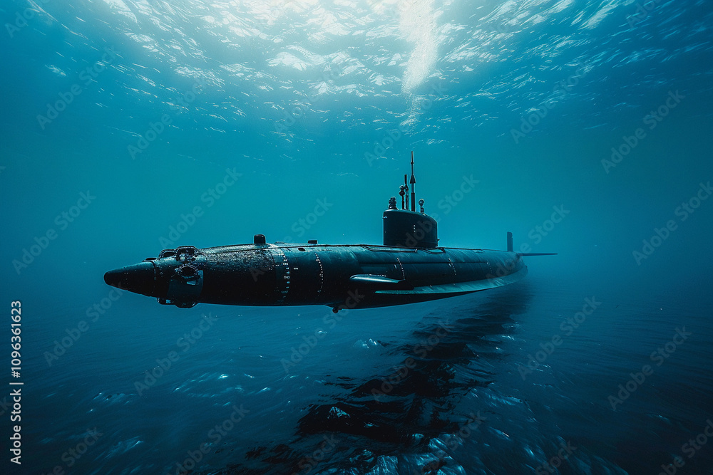 Beautiful large submarine floating in middle of ocean during mission Beautiful large submarine floating in middle of ocean during mission