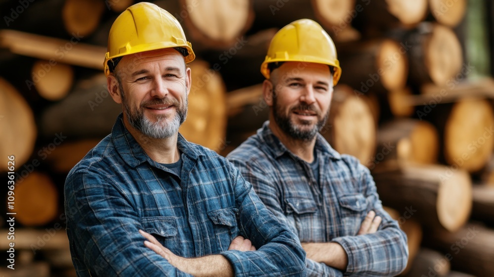 Smiling Woodcutters in Yellow Hard Hats Smiling Woodcutters in Yellow Hard Hats