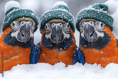 Cheerful parrot in a green Santa hat singing carols with fellow birds on a white background  photo