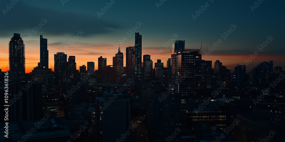 Fototapeta premium Modern City Skyline with Office Buildings and Drone View at Sunset