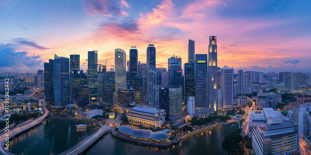 Fototapeta premium Modern City Skyline with Office Buildings and Drone View at Sunset