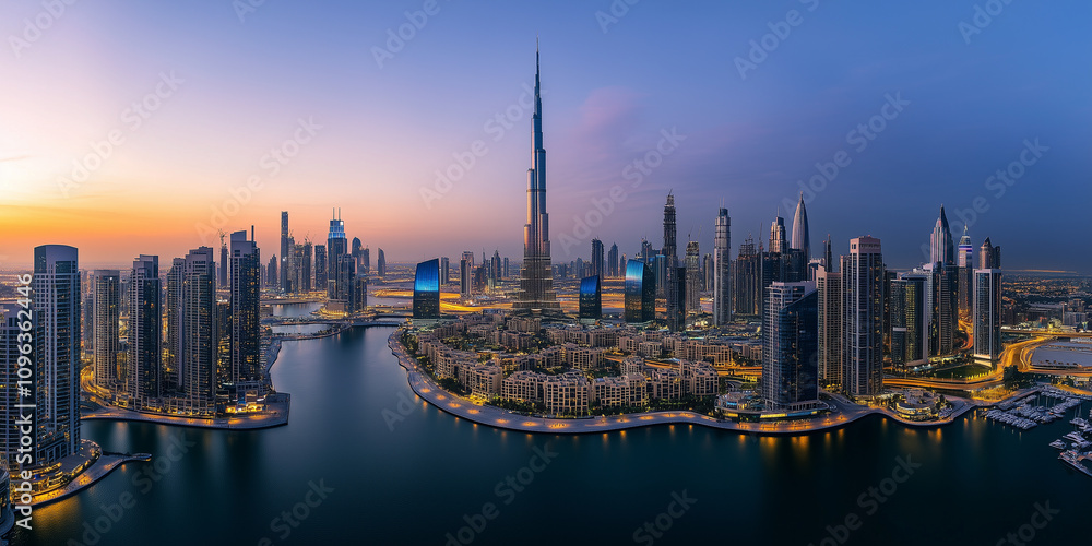 Fototapeta premium Modern City Skyline with Office Buildings and Drone View at Sunset