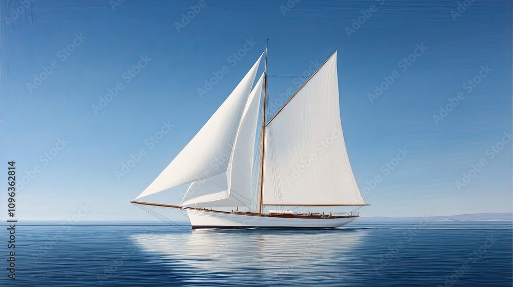 Fototapeta premium A beautifully crafted wooden yacht with white sails glides over the shimmering ocean, showcasing its elegance and speed in the sunny landscape