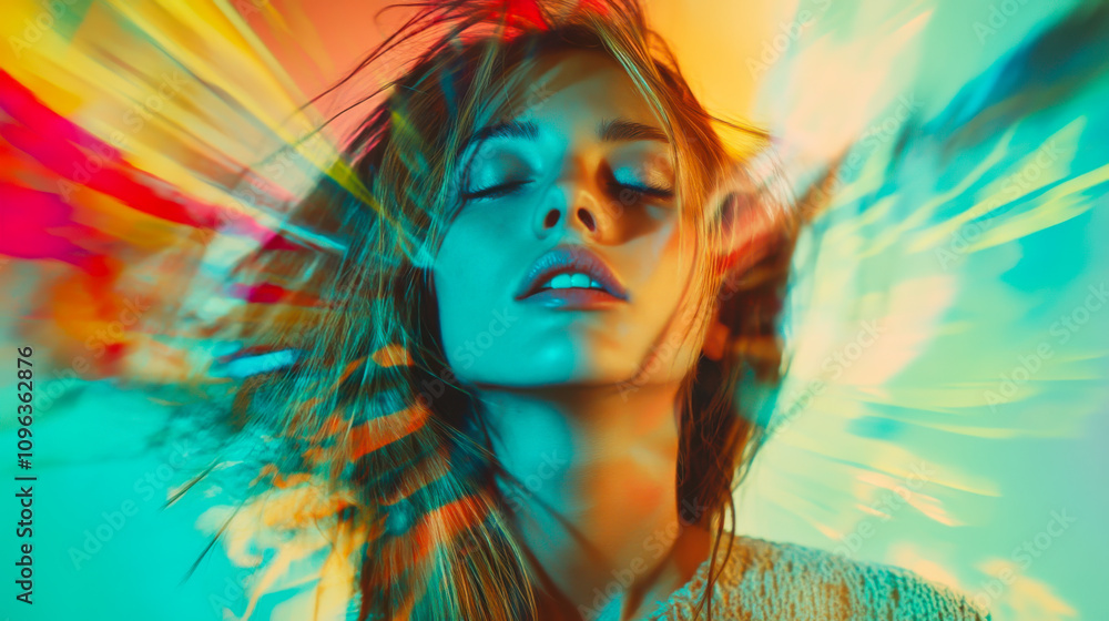 Fototapeta premium A woman with flowing hair enjoys a moment of bliss surrounded by vibrant colors and abstract patterns in an artistic setting