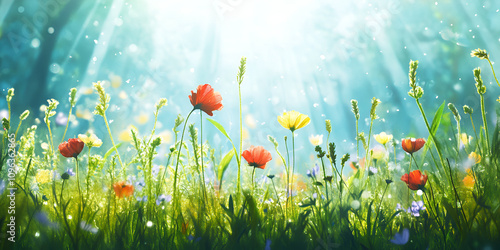 Wildflowers in Bloom with Sun Rays and Vibrant Meadow Scenery photo