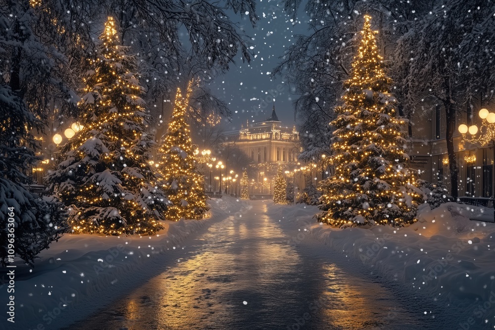 Snowy boulevard with majestic Christmas trees Snowy boulevard with majestic Christmas trees
