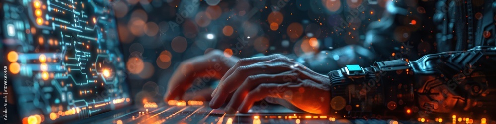 Cyberpunk Hacker Typing on Laptop