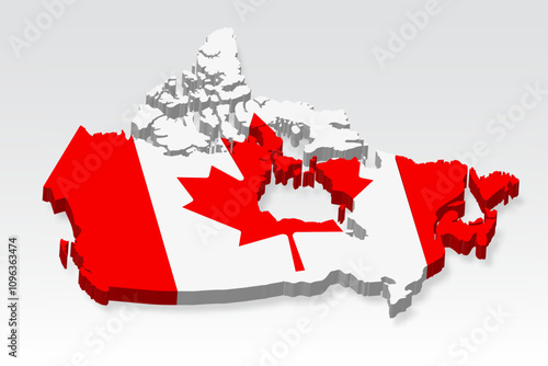 3D  Canada map with flag. Three dimensional map of Canada with shadow. Flag of Canada on white background for your design, app, UI.  Stock vector. EPS10. 