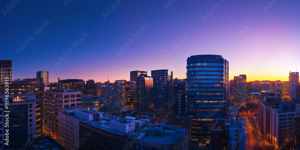 Obraz premium Modern City Skyline with Office Buildings and Drone View at Sunset