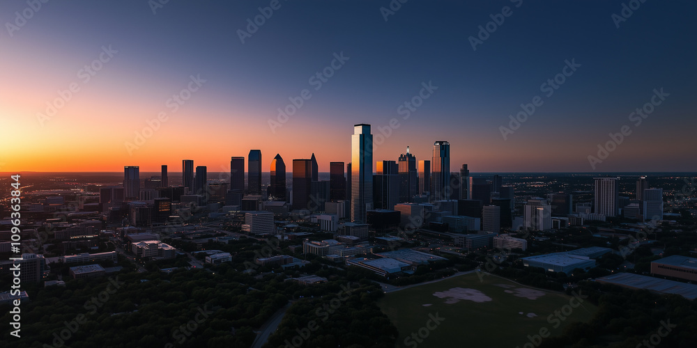 Fototapeta premium Modern City Skyline with Office Buildings and Drone View at Sunset