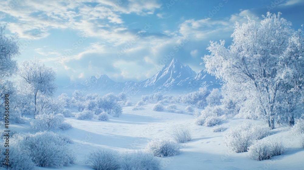 Snow-covered land with frosted trees and a distant mountain range under a crisp winter sky