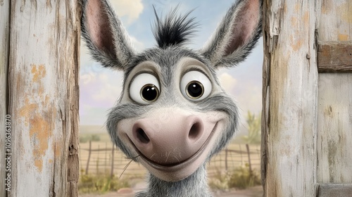 A smiling cartoon donkey in front of a wooden enclosure on a farm, radiating joy and friendliness in a colorful style.