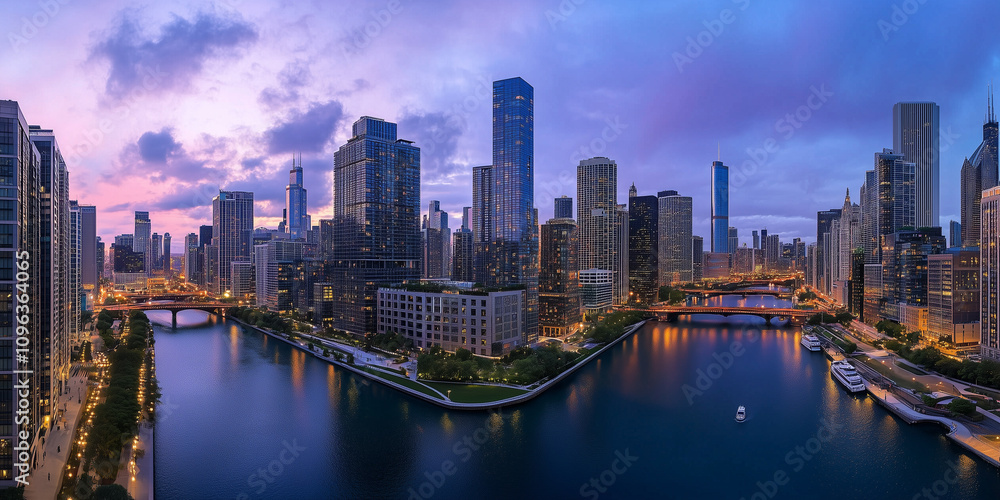 Fototapeta premium Modern City Skyline with Office Buildings and Drone View at Sunset