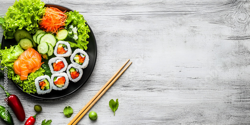 Fresh Sushi Platter with Vegetables and Chopsticks on Rustic Background