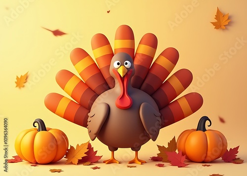 Colorful cartoon turkey, pumpkin, and other festive objects in a fun 3D vector style perfect for Thanksgiving greeting cards and ads. photo