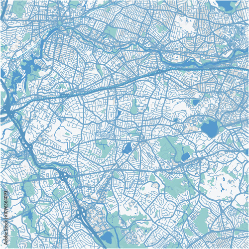 Map of Newton in Massachusetts in a professional blue style. Contains layered vector with roads water, parks, etc.