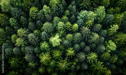 Natural Textures, Close-up aerial view of tree tops with distinct textures, such as needle-like pines and broad-leaved trees