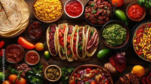 Vibrant Mexican street taco spread featuring carne asada and al pastor in warm corn tortillas, accompanied by colorful garnishes and toppings. photo