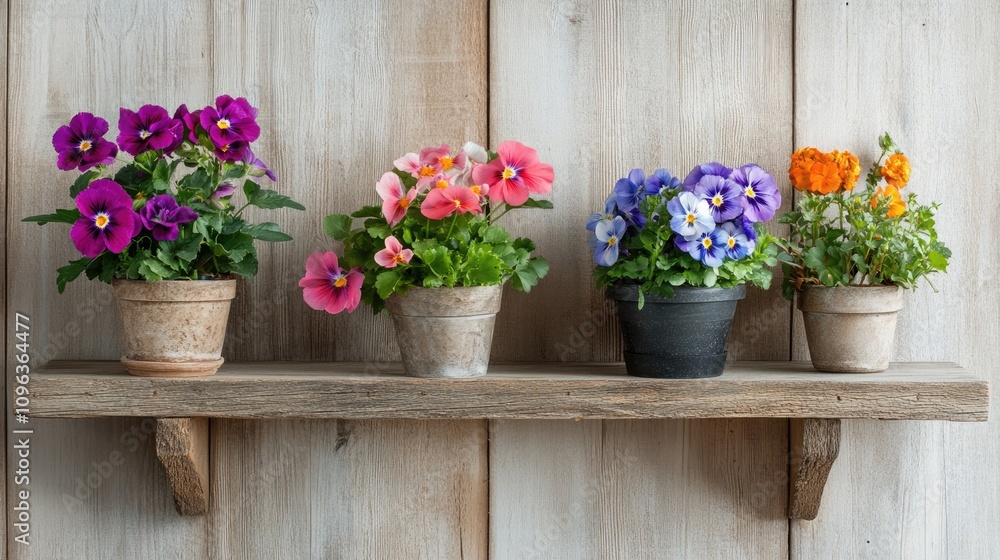Vibrant flower pots featuring pansies in various colors displayed on rustic wooden shelves against a textured wooden background. Vibrant flower pots featuring pansies in various colors displayed on rustic wooden shelves against a textured wooden background.