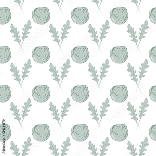 Arugula leaves and Brussels sprout heads Healthy Food Seamless Pattern Background or wallpaper idea