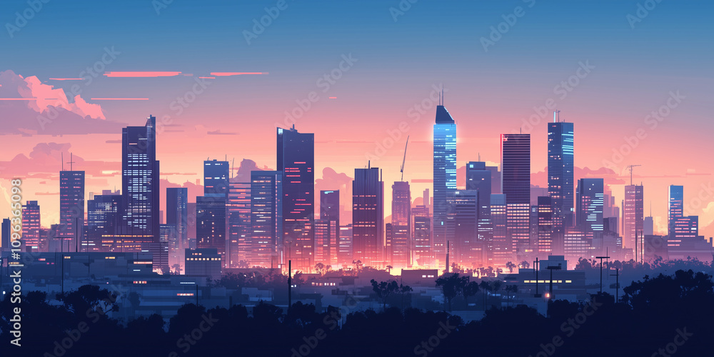 Modern City Skyline with Office Buildings and Drone View at Sunset Modern City Skyline with Office Buildings and Drone View at Sunset