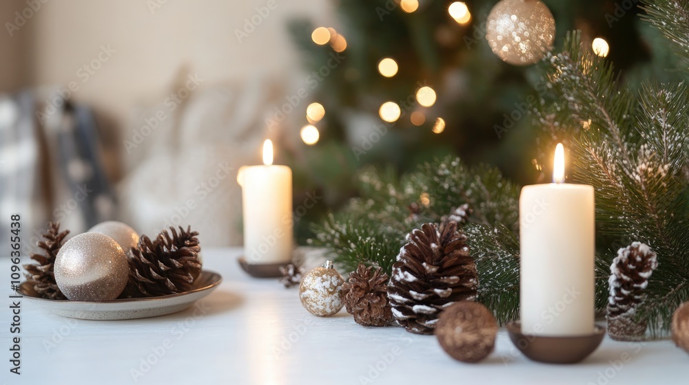 Cozy Christmas tabletop with candles, ornaments, and pinecones surrounded by greenery, perfect for festive holiday displays and invitations. Cozy Christmas tabletop with candles, ornaments, and pinecones surrounded by greenery, perfect for festive holiday displays and invitations.