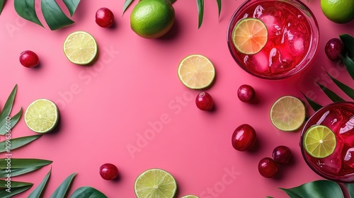 Cranberry cocktails with lime slices and tropical leaves on a lively pink background, accented by fresh cranberries and lime wedges. photo