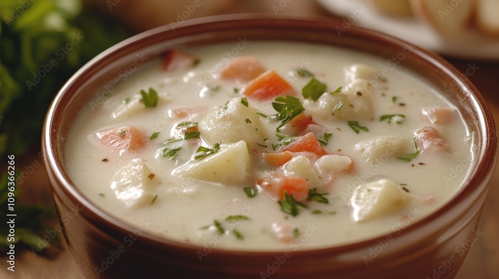Creamy white potato soup with diced vegetables and herbs in a rustic bowl, ideal for vegetarian dishes and comforting meals. Creamy white potato soup with diced vegetables and herbs in a rustic bowl, ideal for vegetarian dishes and comforting meals.