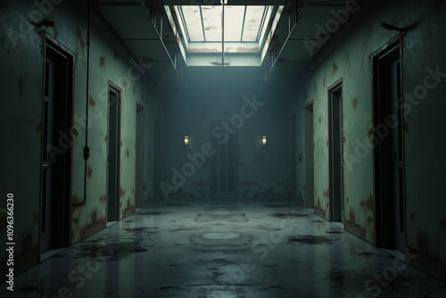 Creepy corridor illuminating dimly lit hallway in abandoned building