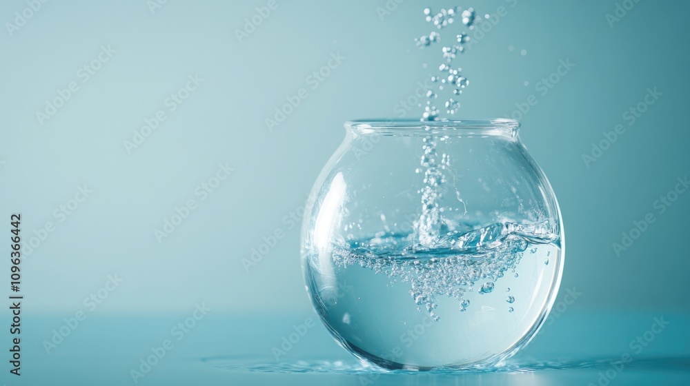 Clear water bubbling and splashing into a round glass bowl, set against a soft blue background, capturing the essence of purity and refreshment. Clear water bubbling and splashing into a round glass bowl, set against a soft blue background, capturing the essence of purity and refreshment.