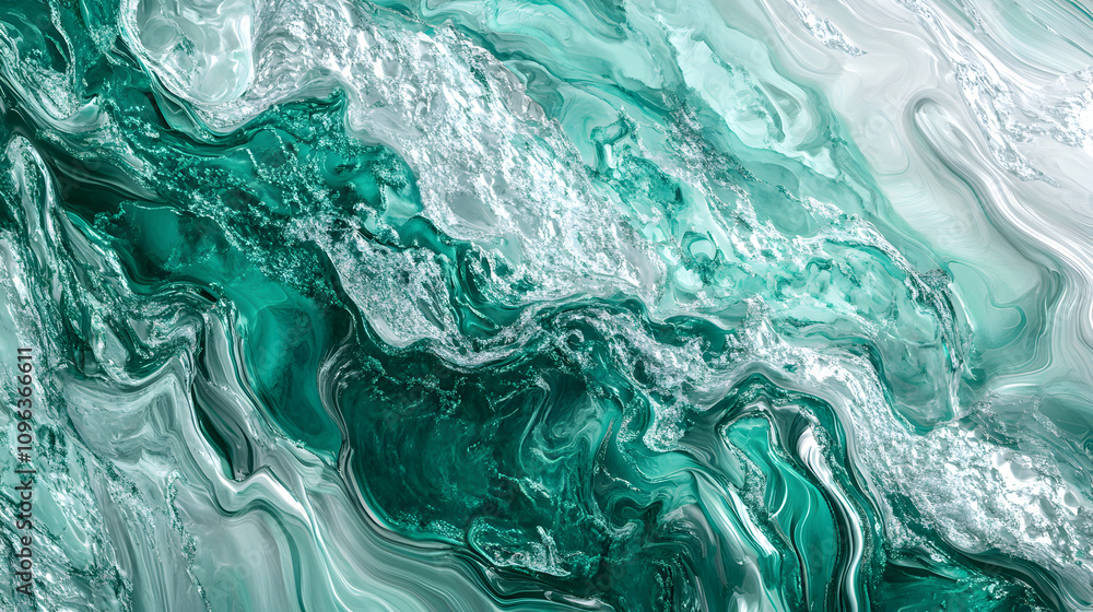 Naklejka premium Abstract Emerald Green and White Swirling Texture with Intricate Liquid Flow Patterns and Dynamic Artistic Vibes