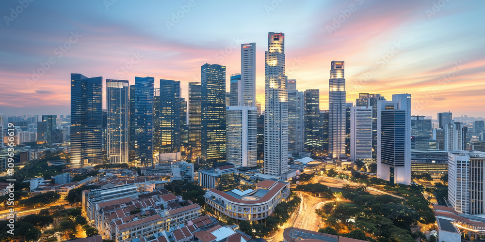 Obraz premium Modern City Skyline with Office Buildings and Drone View at Sunset