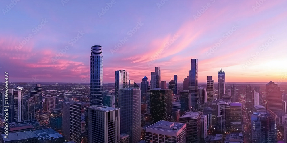 Fototapeta premium Modern City Skyline with Office Buildings and Drone View at Sunset