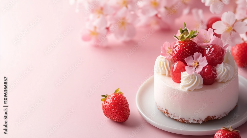 A beautiful strawberry cake is adorned with fresh strawberries and delicate flowers, set against a soft pink background. A beautiful strawberry cake is adorned with fresh strawberries and delicate flowers, set against a soft pink background.