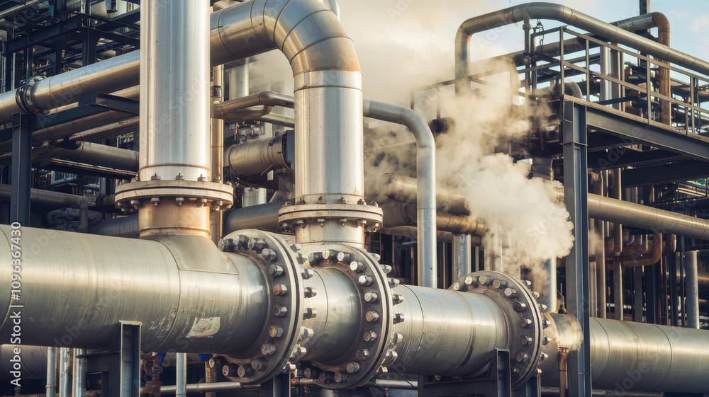 Close up of refinery pipes with steam, showcasing industrial design and functionality. image captures complexity and engineering of modern refineries Close up of refinery pipes with steam, showcasing industrial design and functionality. image captures complexity and engineering of modern refineries
