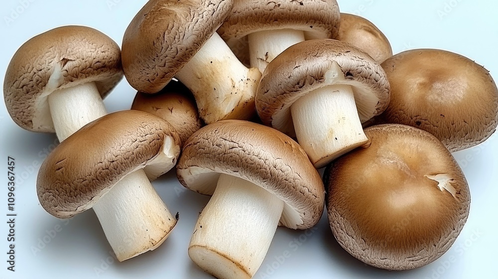 Close-up view of fresh brown mushrooms resting on a light grey wooden surface, highlighting their natural textures and colors Close-up view of fresh brown mushrooms resting on a light grey wooden surface, highlighting their natural textures and colors