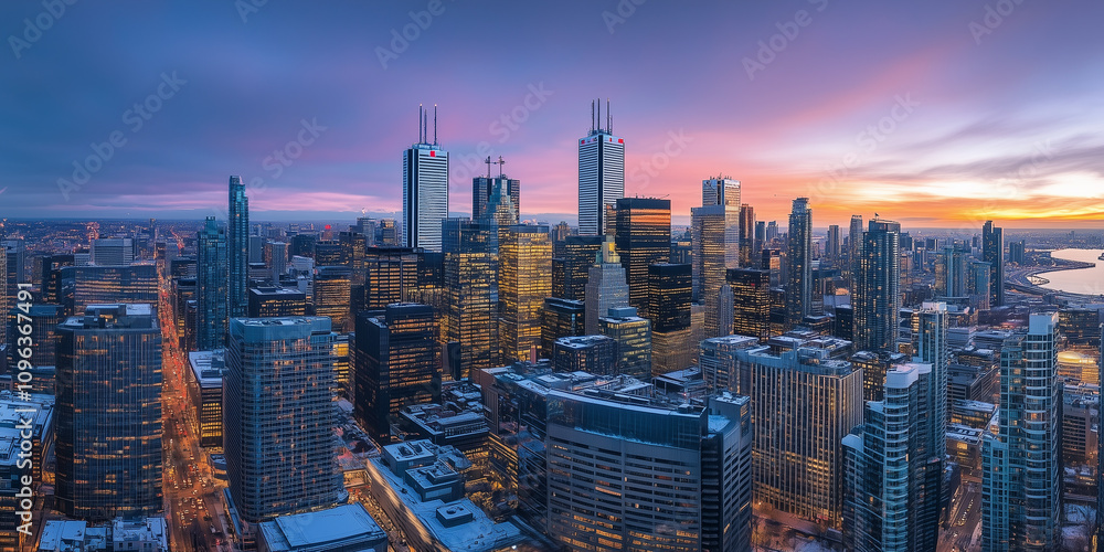 Fototapeta premium Modern City Skyline with Office Buildings and Drone View at Sunset