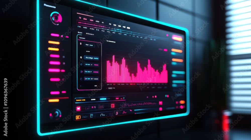 A vibrant, futuristic digital interface displays audio waveforms and controls, highlighting a sleek design with neon accents. A vibrant, futuristic digital interface displays audio waveforms and controls, highlighting a sleek design with neon accents.