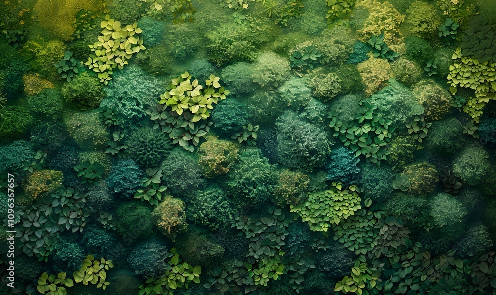 A top-down view of a forest landscape where varying tree species create a quilt-like texture with different shades of green and brown A top-down view of a forest landscape where varying tree species create a quilt-like texture with different shades of green and brown