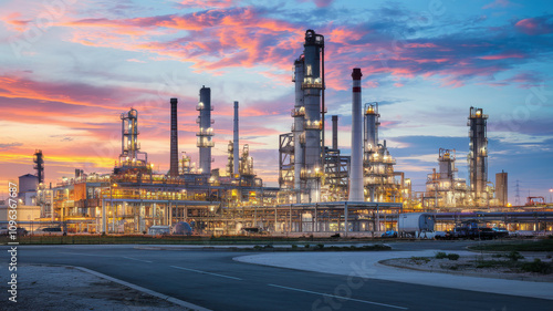 massive oil refinery plant illuminated at sunset, showcasing intricate structures and vibrant colors in sky. scene evokes sense of industrial beauty and energy