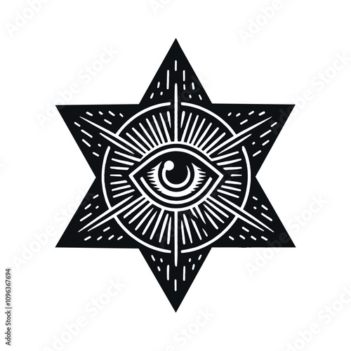 Black and white mystical design featuring an all-seeing eye within a star, surrounded by radiating lines. Perfect for esoteric, spiritual, or symbolic themes.
