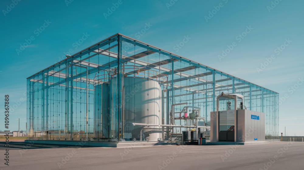 modern fuel storage facility featuring sleek glass design, showcasing large storage tanks and advanced equipment. structure emphasizes innovation and efficiency in energy storage modern fuel storage facility featuring sleek glass design, showcasing large storage tanks and advanced equipment. structure emphasizes innovation and efficiency in energy storage