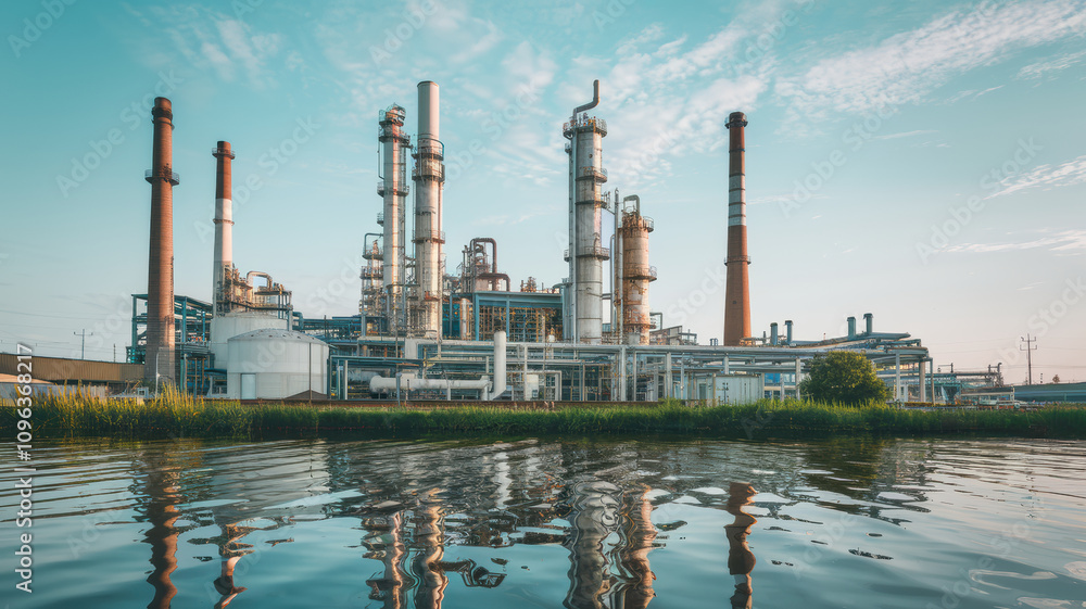 Obraz premium serene yet industrial setting of oil refinery reflecting on water