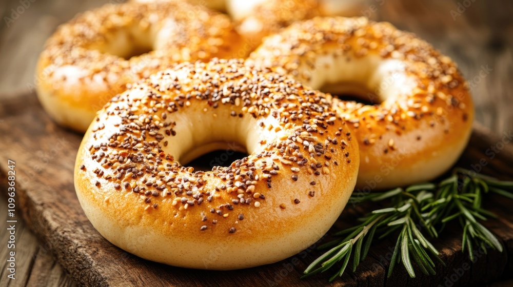 Savory Bagels Topped with Cream Cheese and Seeds, Displayed on a Rustic Wooden Table with Fresh Herbs for a Cozy and Appetizing Presentation Savory Bagels Topped with Cream Cheese and Seeds, Displayed on a Rustic Wooden Table with Fresh Herbs for a Cozy and Appetizing Presentation