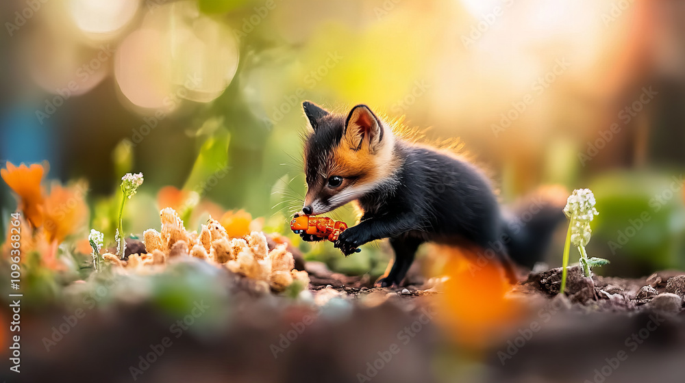 Obraz premium Banner portrays playful fox exploring vibrant garden surrounded autumn hues soft glowing afternoon light
