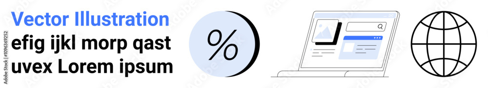 Percent sign icon, laptop with web interface, globe symbol for global reach. Ideal for finance, technology, web design, education, global business, digital marketing, e-learning. Landing page Percent sign icon, laptop with web interface, globe symbol for global reach. Ideal for finance, technology, web design, education, global business, digital marketing, e-learning. Landing page