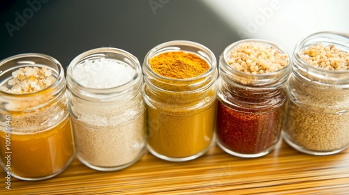 Colorful Assortment of Spice Jars on a Wooden Surface